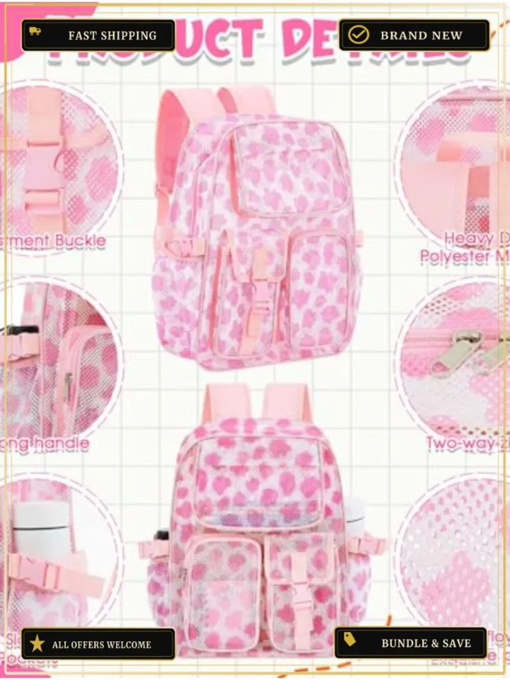 Mesh Backpack Set with Lunch Bag and Pencil Case, See Through, Multiple